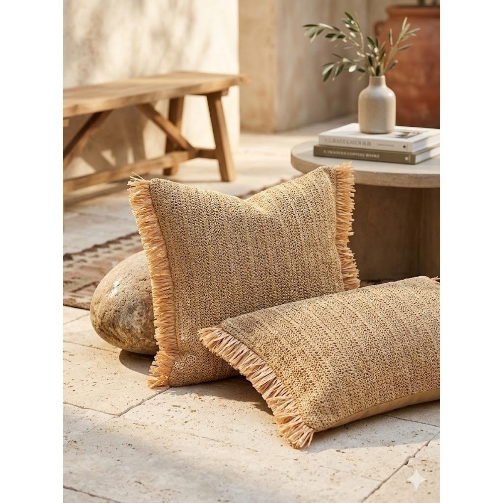 Patricia‎ Nash Set of 2 Tan Woven Straw Fringe Lumbar Throw Pillow Covers Boho
